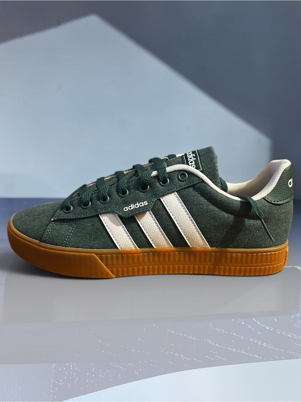 Green Suede Sneaker with White Stripes and Gum Sole